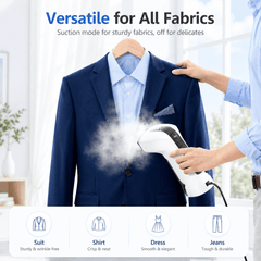 Hicloud Vacuum Steamer, Handheld Travel Garment Steamer for Clothes, 2500Pa Suction for Clothes Grips, Steaming & Ironing 2 In 1, 3 Modes