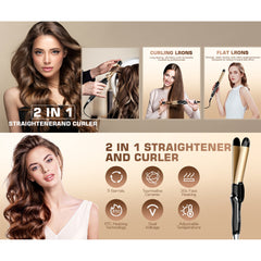 Ceramic Hair Straightener and Curler 2 in 1 - Curling Iron 1.25 In , Adjustable Temp 450°F, Dual Voltage, Anti-Tangle Barrel for Salon Shine, Frizz-Free Curls & Straight Styles for All Hair