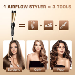Ceramic Hair Straightener and Curler 2 in 1 - Curling Iron 1.25 In , Adjustable Temp 450°F, Dual Voltage, Anti-Tangle Barrel for Salon Shine, Frizz-Free Curls & Straight Styles for All Hair
